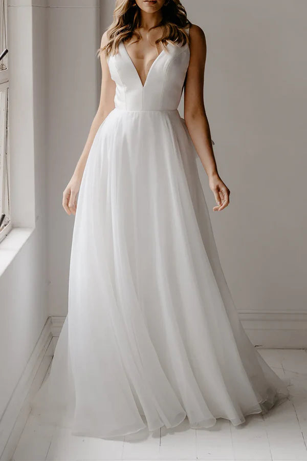 Luolandi A Line Deep V Neck Open Back Simple Boho Wedding Dress With Bow(s)